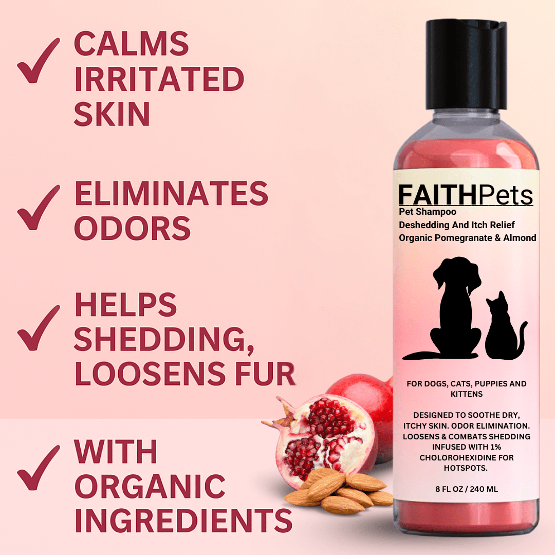 FaithPets Deshedding & Dandruff Pet Shampoo - Organic Pomegranate, Organic Almond & Chlorhexidine - FaithPets