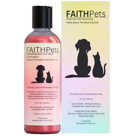 FaithPets Deshedding & Dandruff Pet Shampoo -Organic Pomegranate, Organic Almond & Chlorhexidine